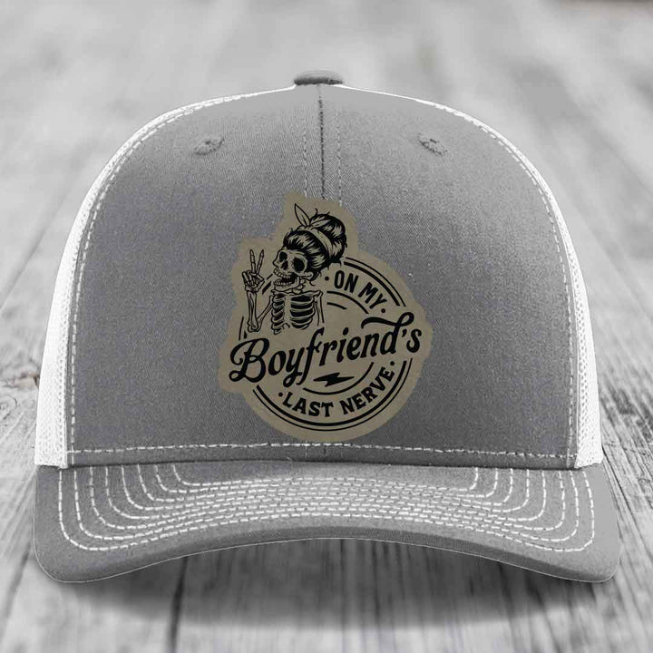 On My Boyfriends Last Nerve - Leather Patch Hat - Light Brown to Black Patch - Richardson 112 Snapback Trucker Hat