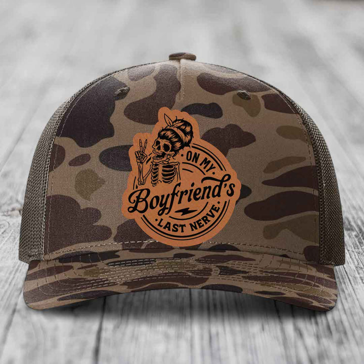 On My Boyfriends Last Nerve - Leather Patch Hat - Rawhide to Black Patch - Richardson 112PFP Snapback Trucker Hat