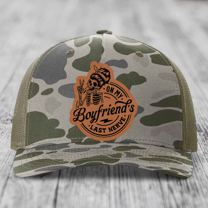 On My Boyfriends Last Nerve - Leather Patch Hat - Rawhide to Black Patch - Richardson 112PFP Snapback Trucker Hat