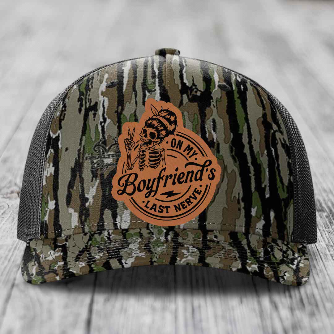 On My Boyfriends Last Nerve - Leather Patch Hat - Rawhide to Black Patch - Richardson 112PFP Snapback Trucker Hat