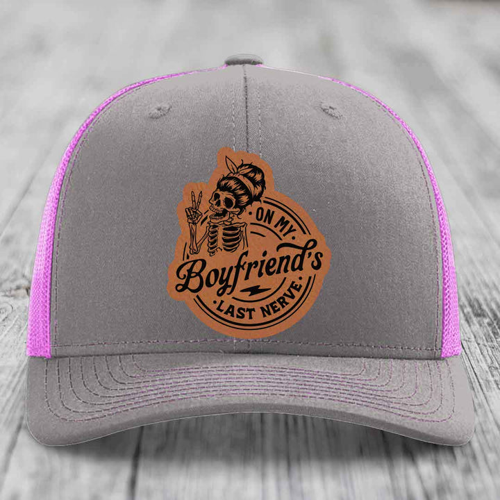 On My Boyfriends Last Nerve - Leather Patch Hat - Rawhide to Black Patch - Richardson 112 Snapback Trucker Hat