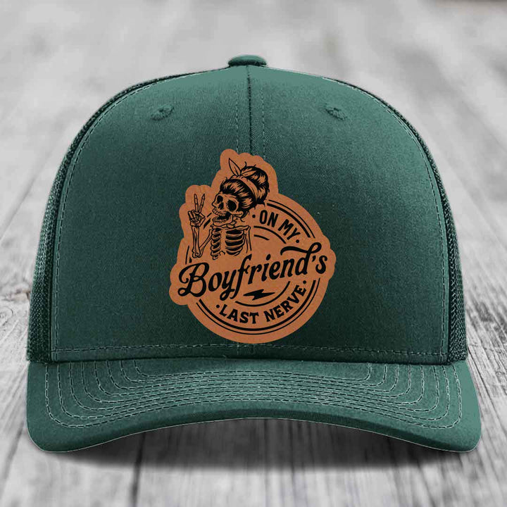 On My Boyfriends Last Nerve - Leather Patch Hat - Rawhide to Black Patch - Richardson 112 Snapback Trucker Hat