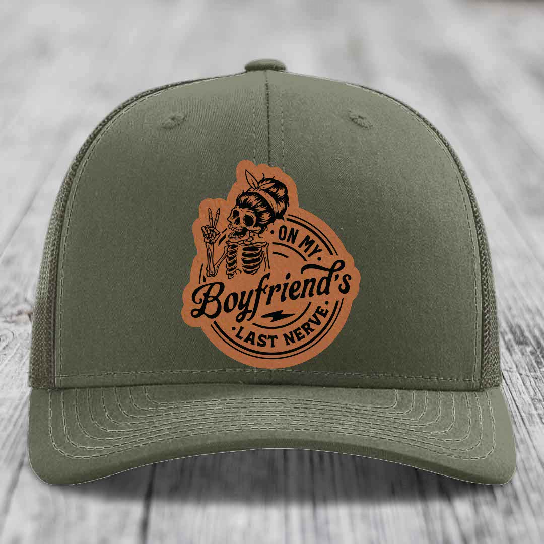 On My Boyfriends Last Nerve - Leather Patch Hat - Rawhide to Black Patch - Richardson 112 Snapback Trucker Hat