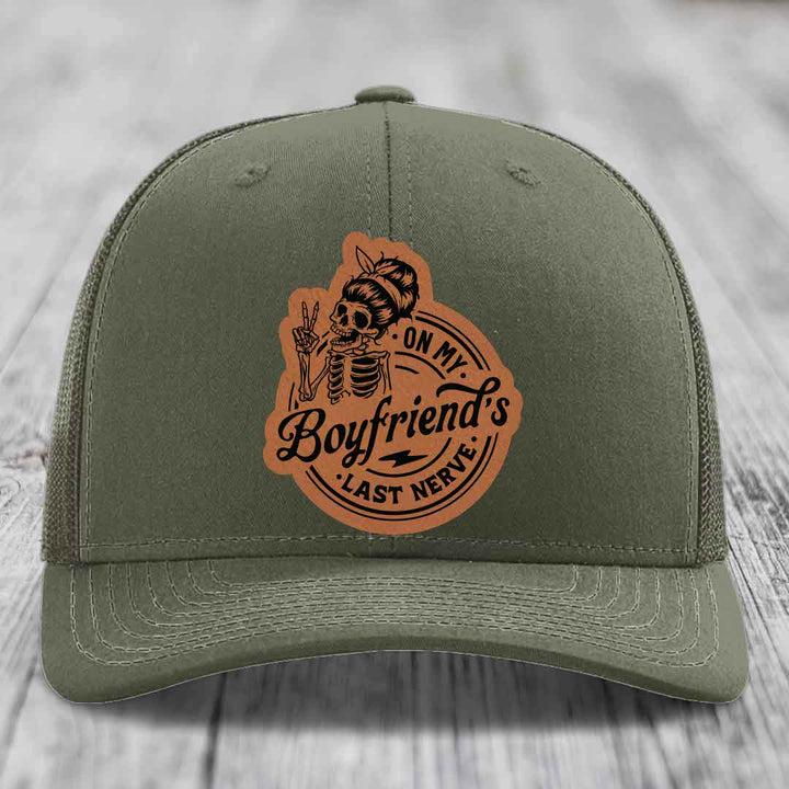 On My Boyfriends Last Nerve - Leather Patch Hat - Rawhide to Black Patch - Richardson 112 Snapback Trucker Hat