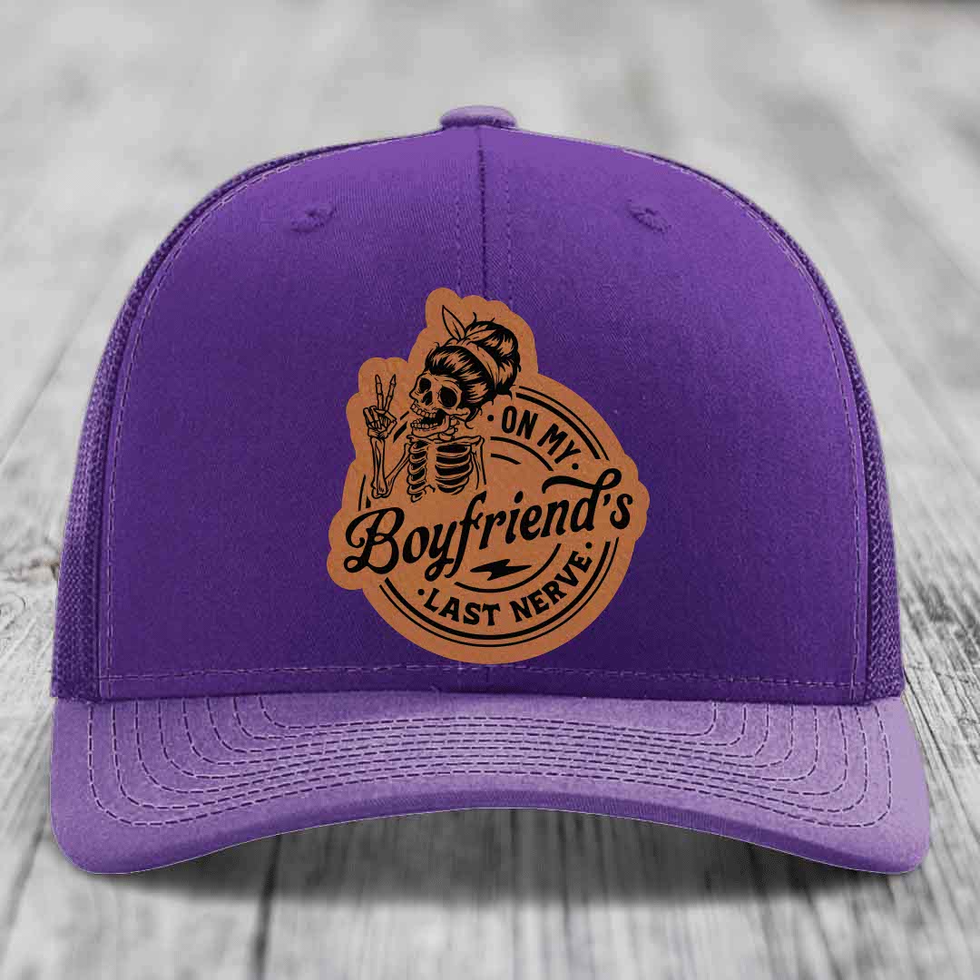 On My Boyfriends Last Nerve - Leather Patch Hat - Rawhide to Black Patch - Richardson 112 Snapback Trucker Hat