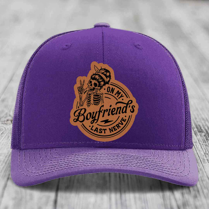 On My Boyfriends Last Nerve - Leather Patch Hat - Rawhide to Black Patch - Richardson 112 Snapback Trucker Hat