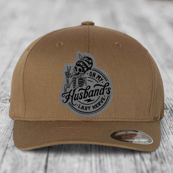 On My Husbands Last Nerve - Leather Patch Hat - Grey to Black Patch - Flexfit 6277 Fitted Hat