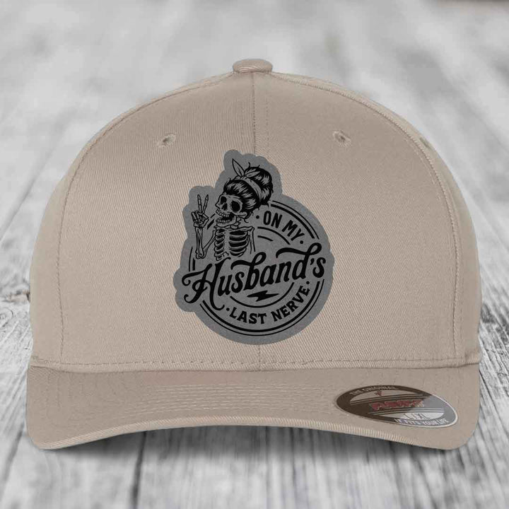 On My Husbands Last Nerve - Leather Patch Hat - Grey to Black Patch - Flexfit 6277 Fitted Hat