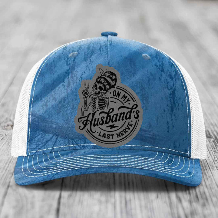 On My Husbands Last Nerve - Leather Patch Hat - Grey to Black Patch - Richardson 112PFP Snapback Trucker Hat