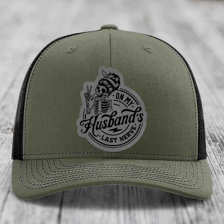 On My Husbands Last Nerve - Leather Patch Hat - Grey to Black Patch - Richardson 112 Snapback Trucker Hat