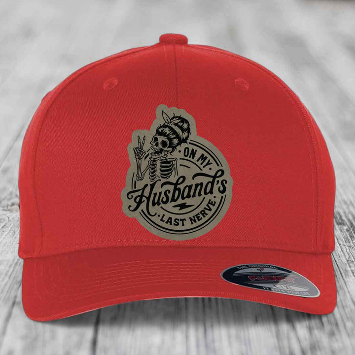 On My Husbands Last Nerve - Leather Patch Hat - Light Brown to Black Patch - Flexfit 6277 Fitted Hat