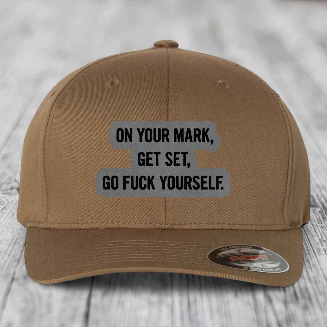 On Your Mark, Get Set, Go F*ck Yourself - Leather Patch Hat - Grey to Black Patch - Flexfit 6277 Fitted Hat