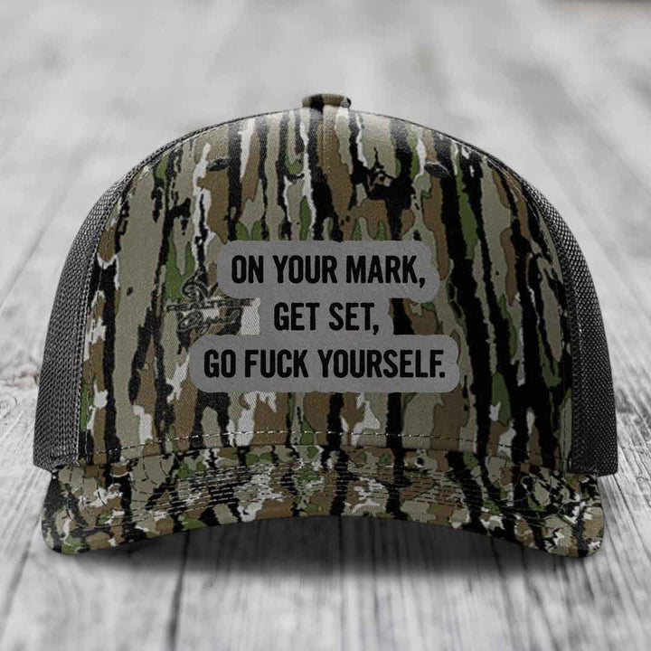 On Your Mark, Get Set, Go F*ck Yourself - Leather Patch Hat - Grey to Black Patch - Richardson 112PFP Snapback Trucker Hat
