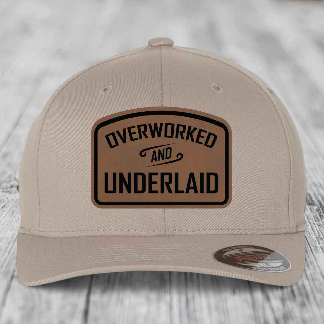 Overworked and Underlaid - Leather Patch Hat - Dark Brown to Black Patch - Flexfit 6277 Fitted Hat