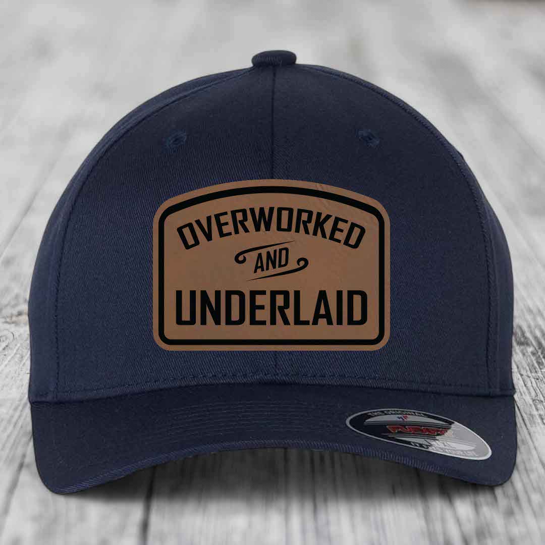 Overworked and Underlaid - Leather Patch Hat - Dark Brown to Black Patch - Flexfit 6277 Fitted Hat