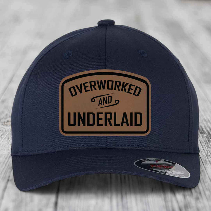 Overworked and Underlaid - Leather Patch Hat - Dark Brown to Black Patch - Flexfit 6277 Fitted Hat