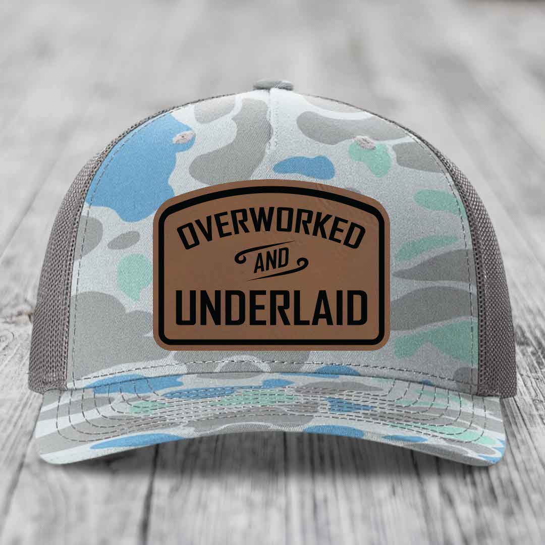 Overworked and Underlaid - Leather Patch Hat - Dark Brown to Black Patch - Richardson 112PFP Snapback Trucker Hat