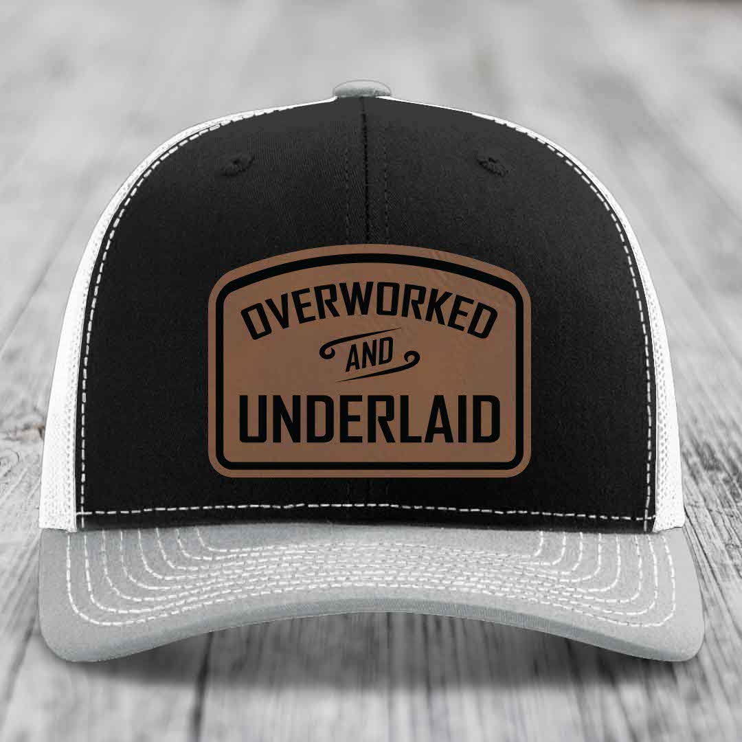 Overworked and Underlaid - Leather Patch Hat - Dark Brown to Black Patch - Richardson 112 Snapback Trucker Hat