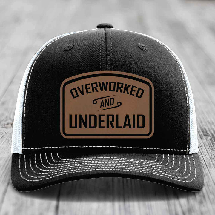 Overworked and Underlaid - Leather Patch Hat - Dark Brown to Black Patch - Richardson 112 Snapback Trucker Hat