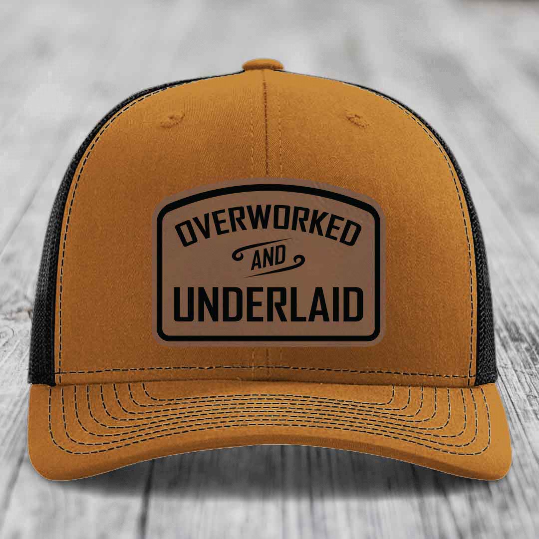 Overworked and Underlaid - Leather Patch Hat - Dark Brown to Black Patch - Richardson 112 Snapback Trucker Hat