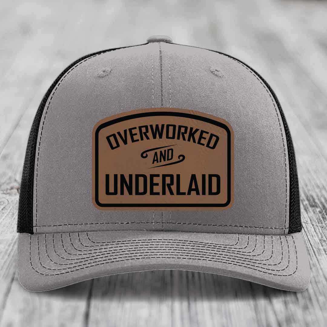 Overworked and Underlaid - Leather Patch Hat - Dark Brown to Black Patch - Richardson 112 Snapback Trucker Hat