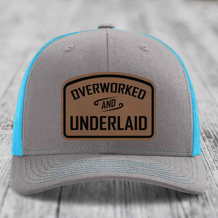 Overworked and Underlaid - Leather Patch Hat - Dark Brown to Black Patch - Richardson 112 Snapback Trucker Hat