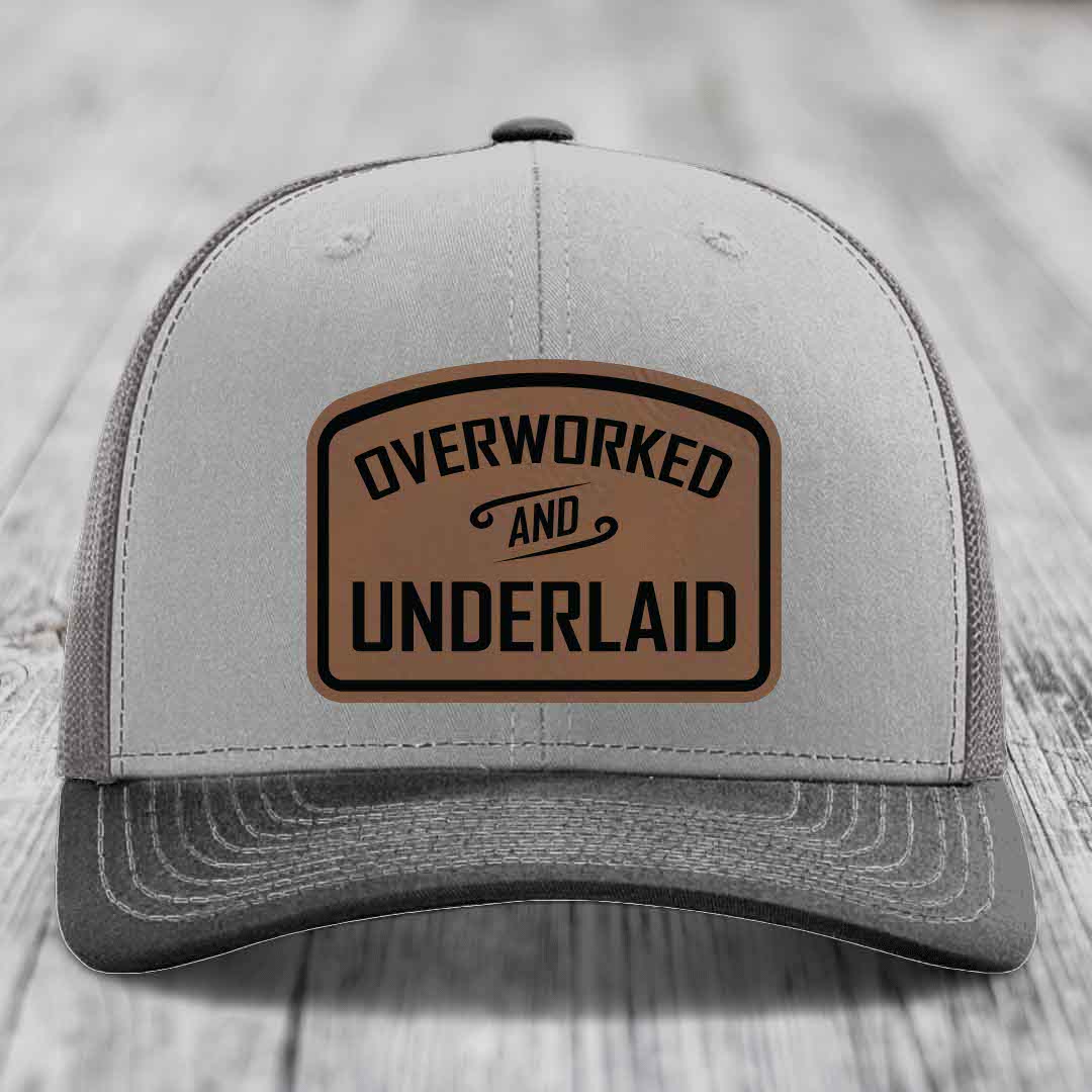 Overworked and Underlaid - Leather Patch Hat - Dark Brown to Black Patch - Richardson 112 Snapback Trucker Hat