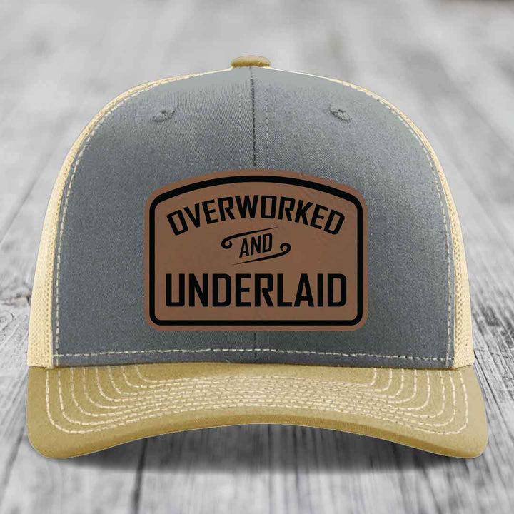 Overworked and Underlaid - Leather Patch Hat - Dark Brown to Black Patch - Richardson 112 Snapback Trucker Hat