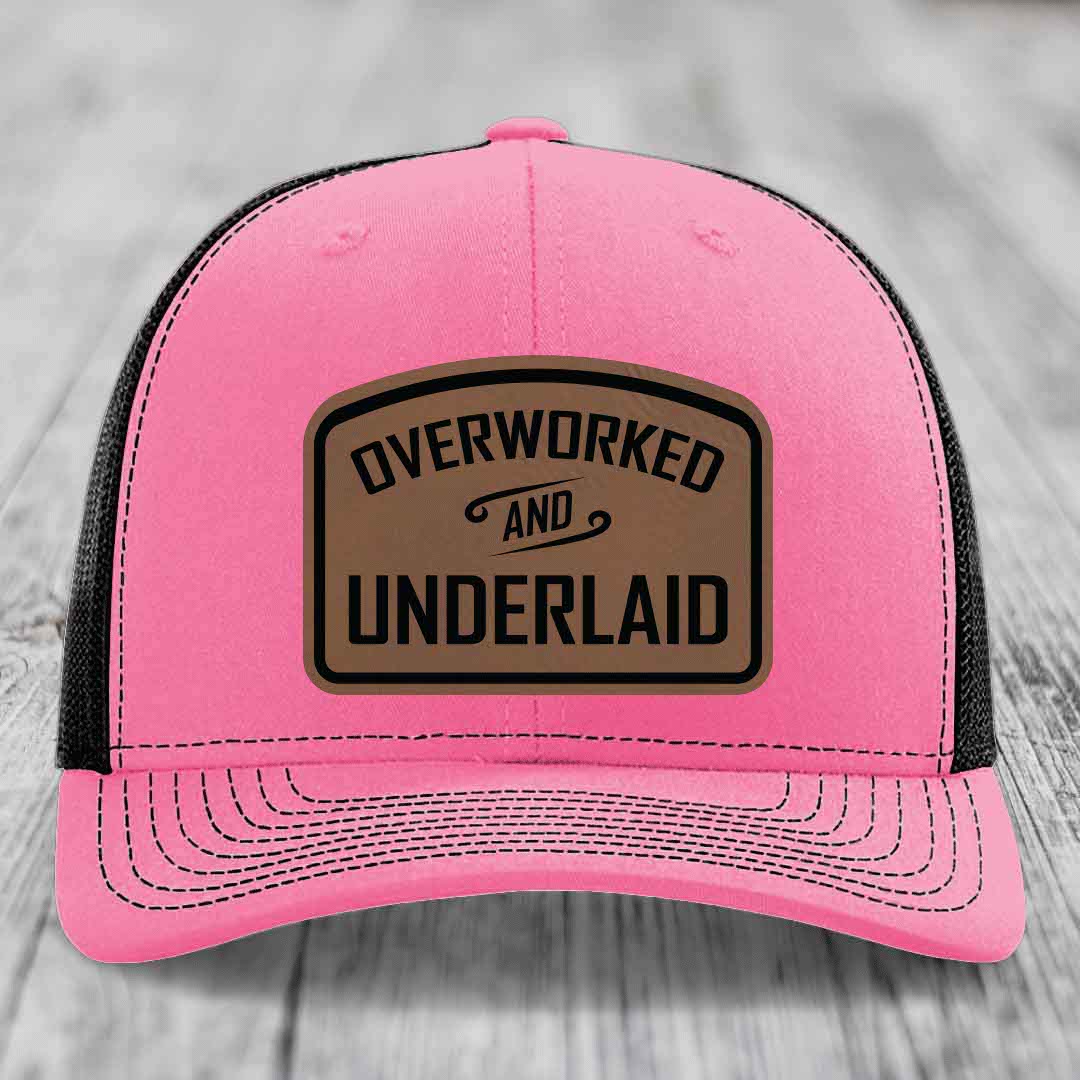 Overworked and Underlaid - Leather Patch Hat - Dark Brown to Black Patch - Richardson 112 Snapback Trucker Hat