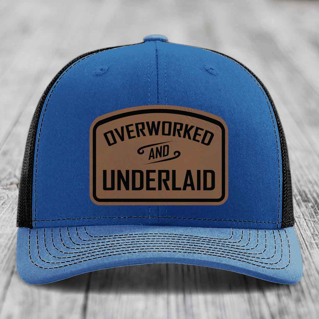 Overworked and Underlaid - Leather Patch Hat - Dark Brown to Black Patch - Richardson 112 Snapback Trucker Hat