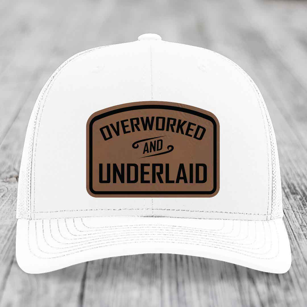 Overworked and Underlaid - Leather Patch Hat - Dark Brown to Black Patch - Richardson 112 Snapback Trucker Hat