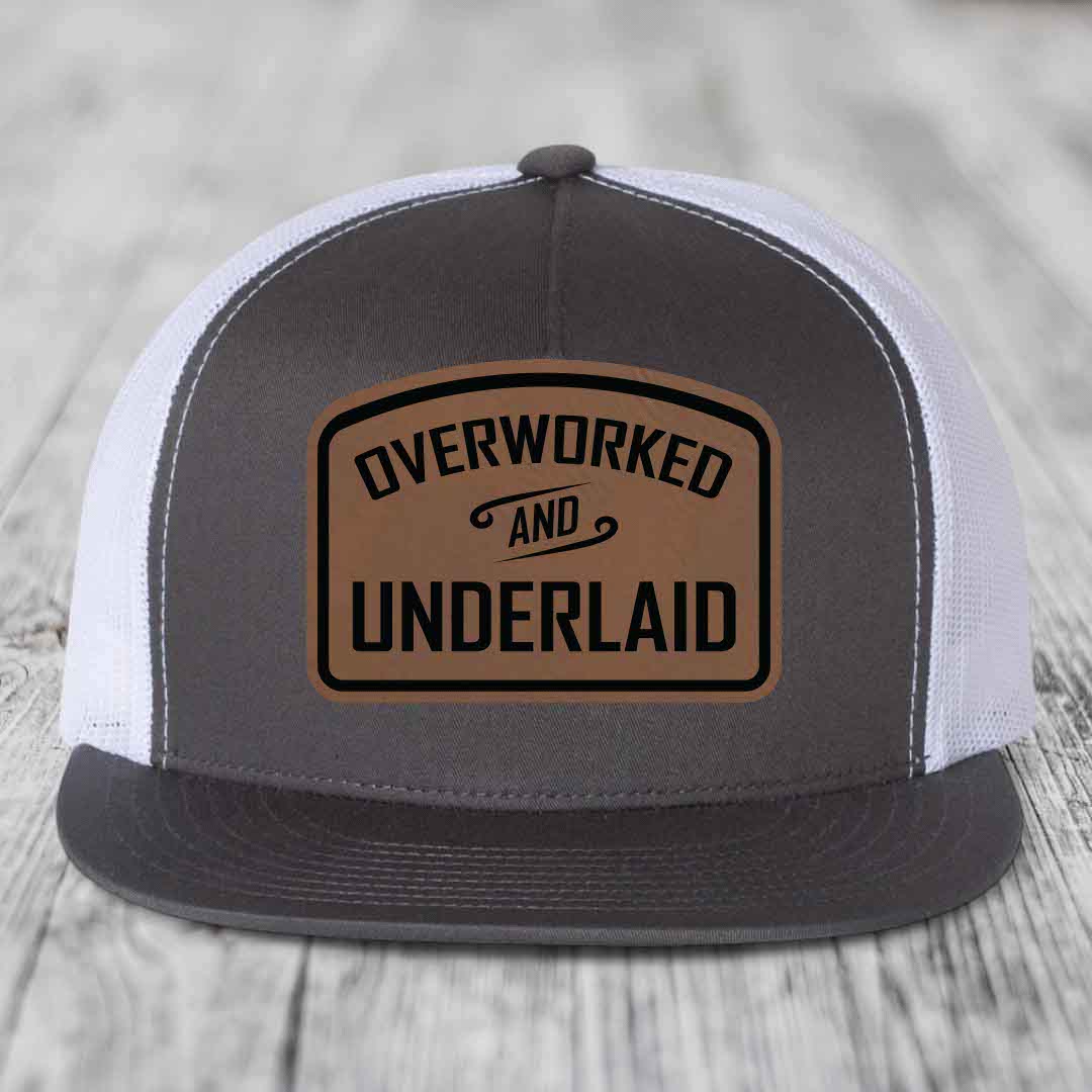 Overworked and Underlaid - Leather Patch Hat - Dark Brown to Black Patch - Yupoong 6006 Snapback Flatbill Hat