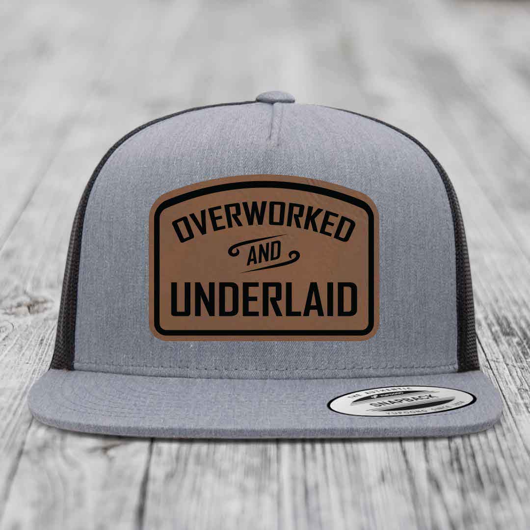 Overworked and Underlaid - Leather Patch Hat - Dark Brown to Black Patch - Yupoong 6006 Snapback Flatbill Hat