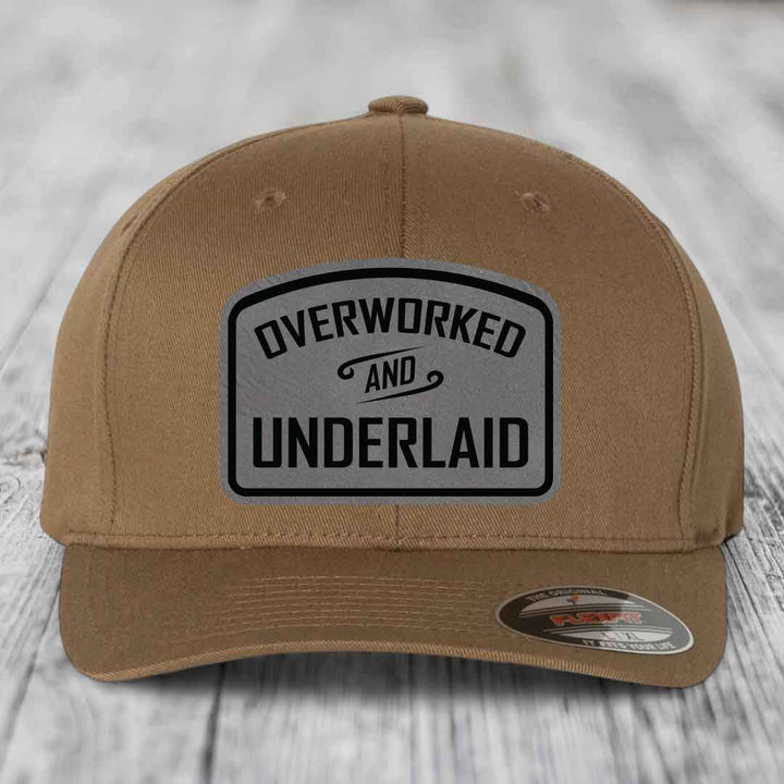 Overworked and Underlaid - Leather Patch Hat - Grey to Black Patch - Flexfit 6277 Fitted Hat