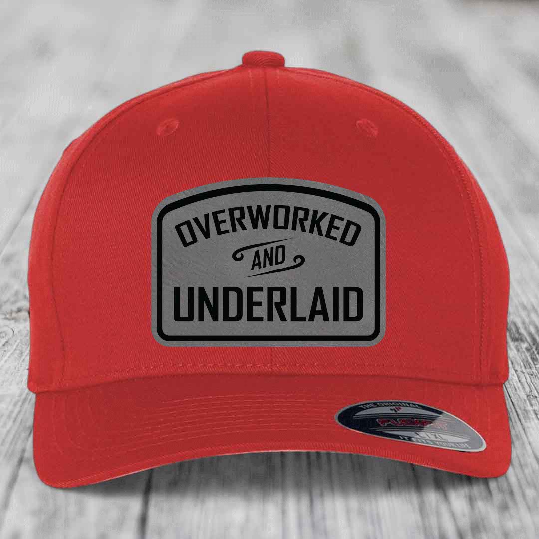 Overworked and Underlaid - Leather Patch Hat - Grey to Black Patch - Flexfit 6277 Fitted Hat