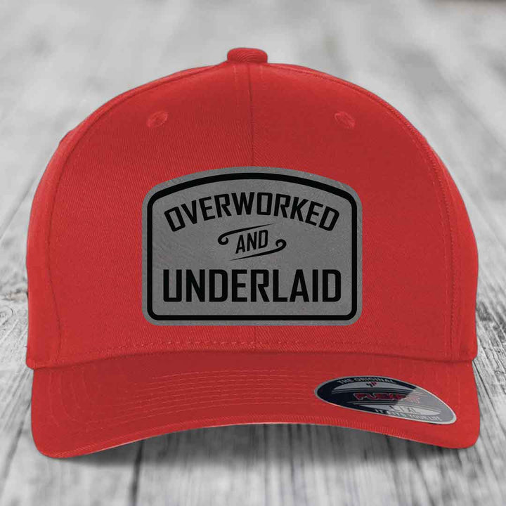 Overworked and Underlaid - Leather Patch Hat - Grey to Black Patch - Flexfit 6277 Fitted Hat