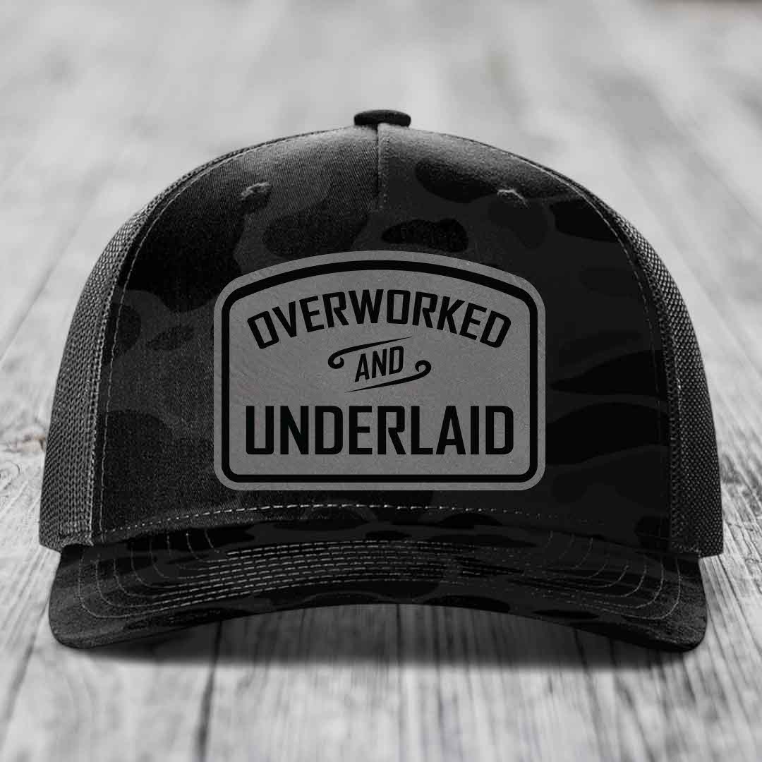Overworked and Underlaid - Leather Patch Hat - Grey to Black Patch - Richardson 112PFP Snapback Trucker Hat