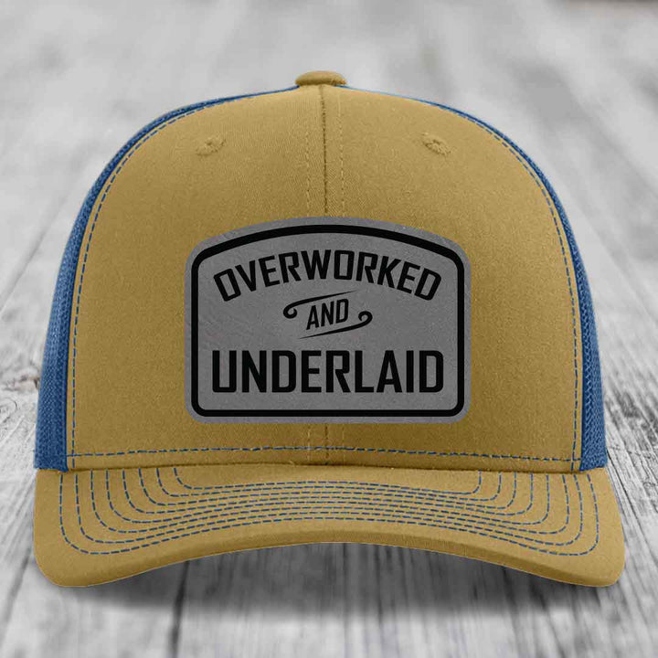 Overworked and Underlaid - Leather Patch Hat - Grey to Black Patch - Richardson 112 Snapback Trucker Hat