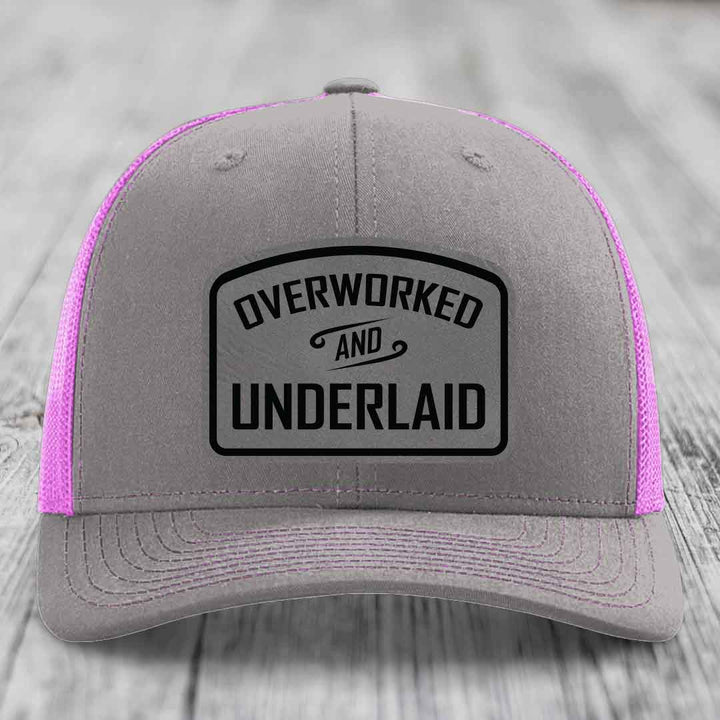 Overworked and Underlaid - Leather Patch Hat - Grey to Black Patch - Richardson 112 Snapback Trucker Hat