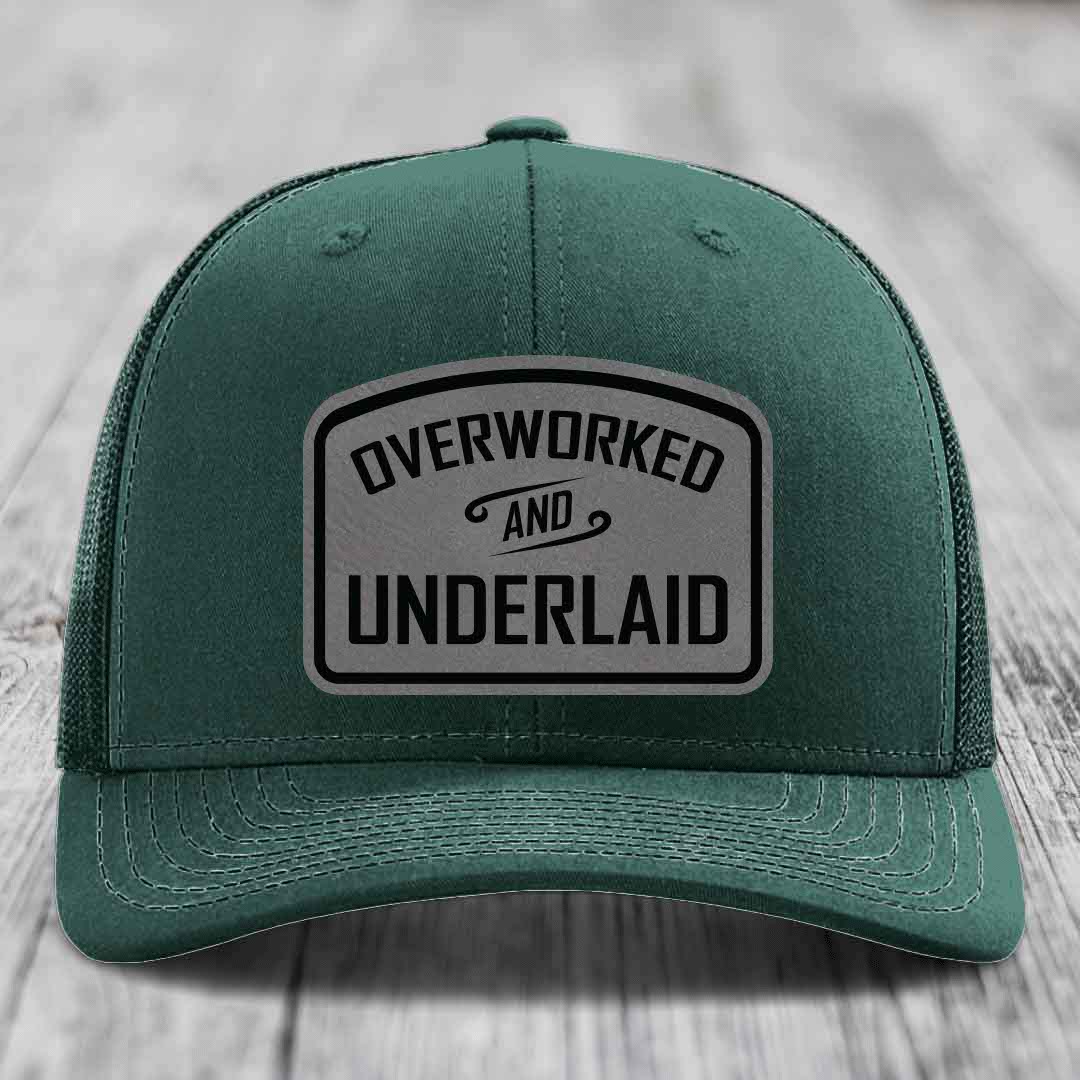 Overworked and Underlaid - Leather Patch Hat - Grey to Black Patch - Richardson 112 Snapback Trucker Hat
