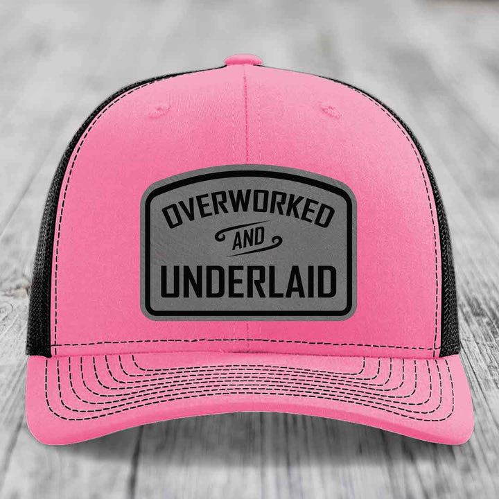 Overworked and Underlaid - Leather Patch Hat - Grey to Black Patch - Richardson 112 Snapback Trucker Hat