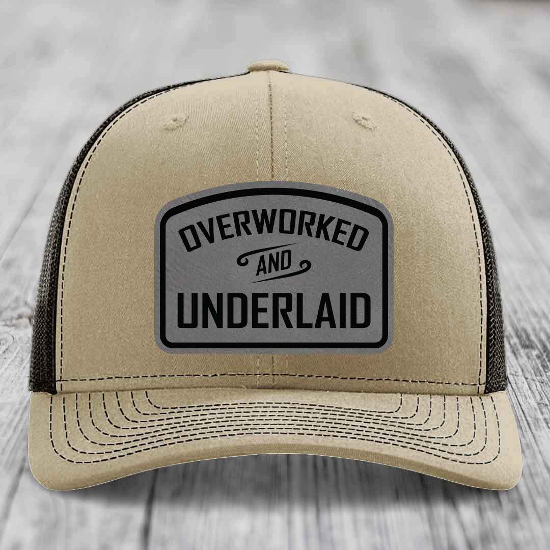 Overworked and Underlaid - Leather Patch Hat - Grey to Black Patch - Richardson 112 Snapback Trucker Hat