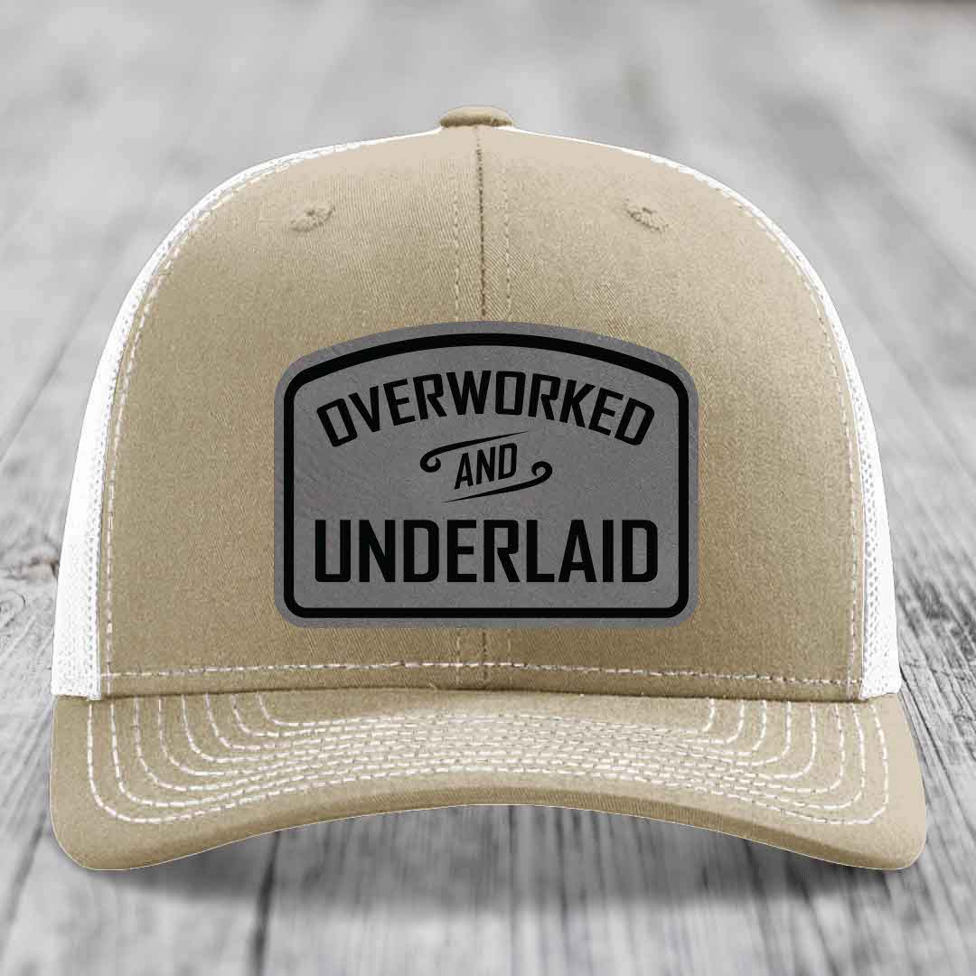 Overworked and Underlaid - Leather Patch Hat - Grey to Black Patch - Richardson 112 Snapback Trucker Hat