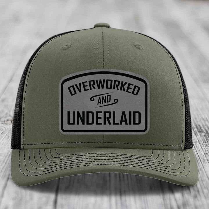Overworked and Underlaid - Leather Patch Hat - Grey to Black Patch - Richardson 112 Snapback Trucker Hat