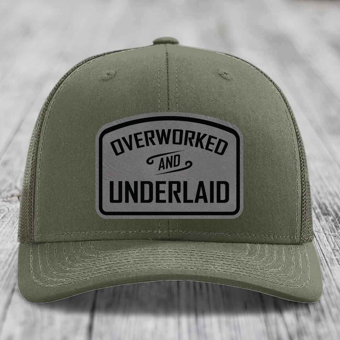Overworked and Underlaid - Leather Patch Hat - Grey to Black Patch - Richardson 112 Snapback Trucker Hat