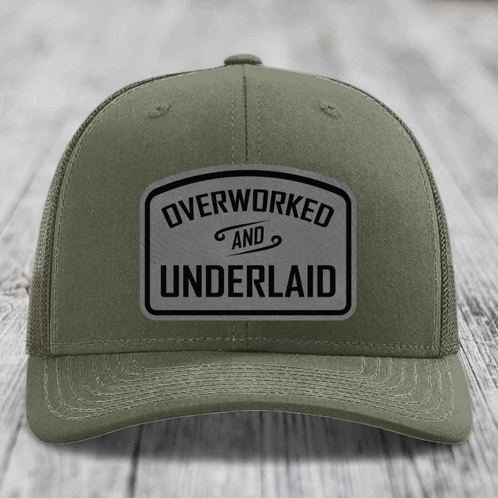 Overworked and Underlaid - Leather Patch Hat - Grey to Black Patch - Richardson 112 Snapback Trucker Hat