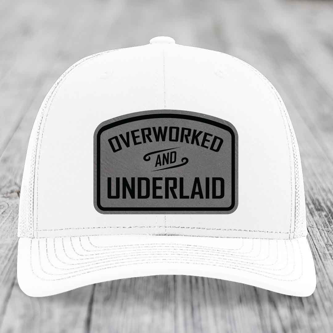 Overworked and Underlaid - Leather Patch Hat - Grey to Black Patch - Richardson 112 Snapback Trucker Hat