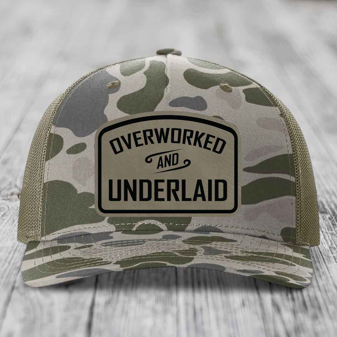 Overworked and Underlaid - Leather Patch Hat - Light Brown to Black Patch - Richardson 112PFP Snapback Trucker Hat