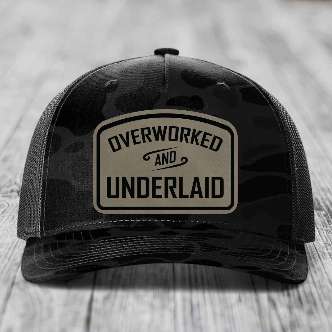 Overworked and Underlaid - Leather Patch Hat - Light Brown to Black Patch - Richardson 112PFP Snapback Trucker Hat