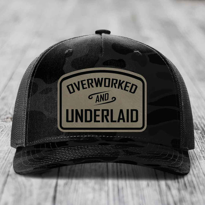 Overworked and Underlaid - Leather Patch Hat - Light Brown to Black Patch - Richardson 112PFP Snapback Trucker Hat